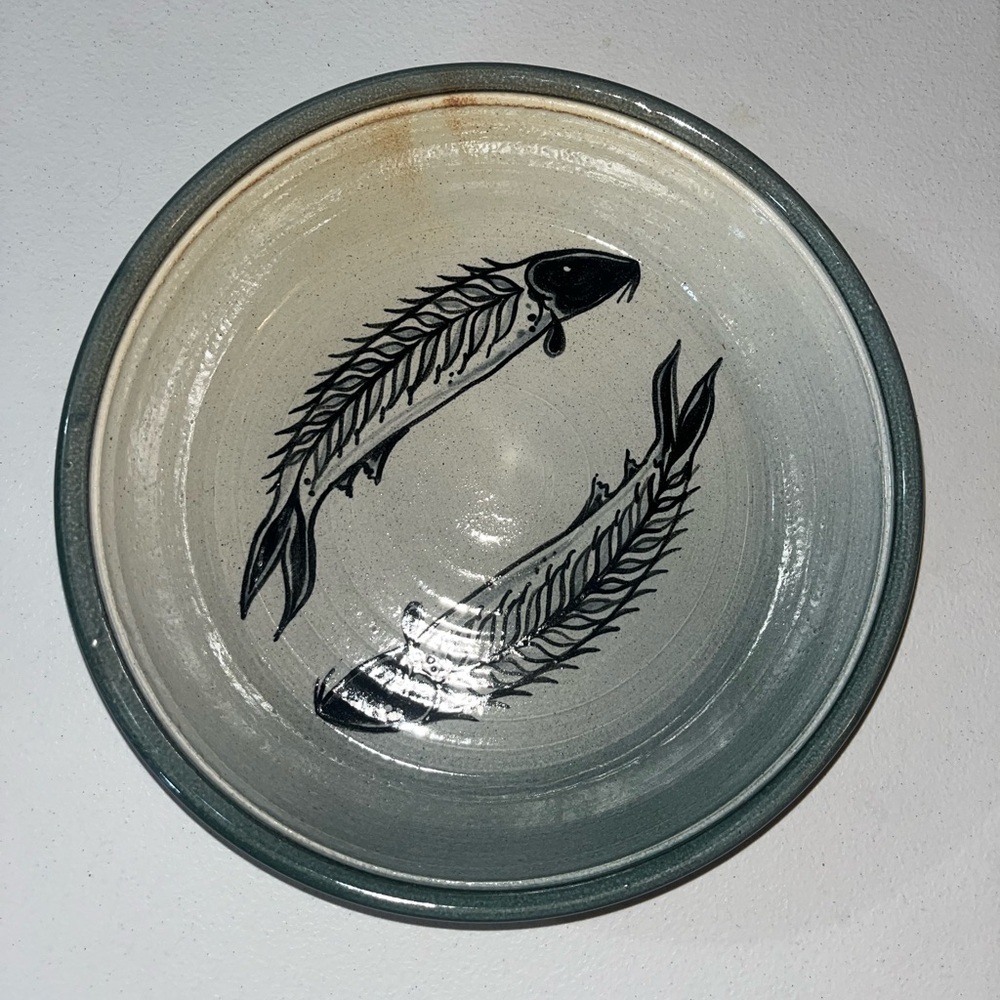 Art Pottery FOSTER Catfish Fish Bones‎ Blue Pie Bowl Dish 10.5 Ceramic EUC
